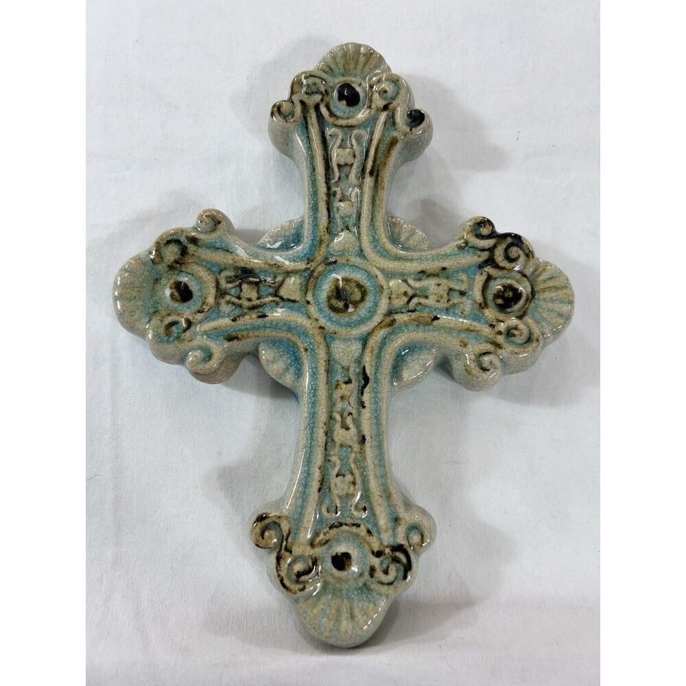 Vintage Blue Green Ceramic Cross Crackle Glaze Wall Hanging 8.5" Religious